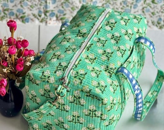 Cottagecore Weekender Bag, Quilted Floral Duffle Bag, Green Block Print Travel Bag, Boho Overnight Bag, Cute Aesthetic Gym Bag for Women