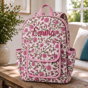 Women's Lightweight Travel Bag, Block Printed Cotton Quilted Backpack, Floral Girls School Backpack, Birthday Gift