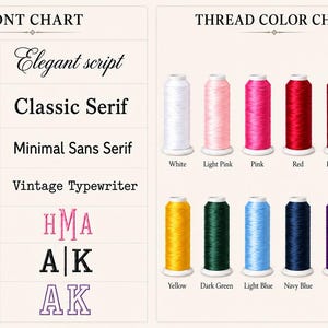 May include: A font chart displaying seven styles including Elegant script, Classic Serif, Minimal Sans Serif, Vintage Typewriter, HMA, A|K, and AK. Beside it, a thread color chart shows twelve spools in white, pinks, red, burgundy, orange, yellow, green, blues, purple, and black.
