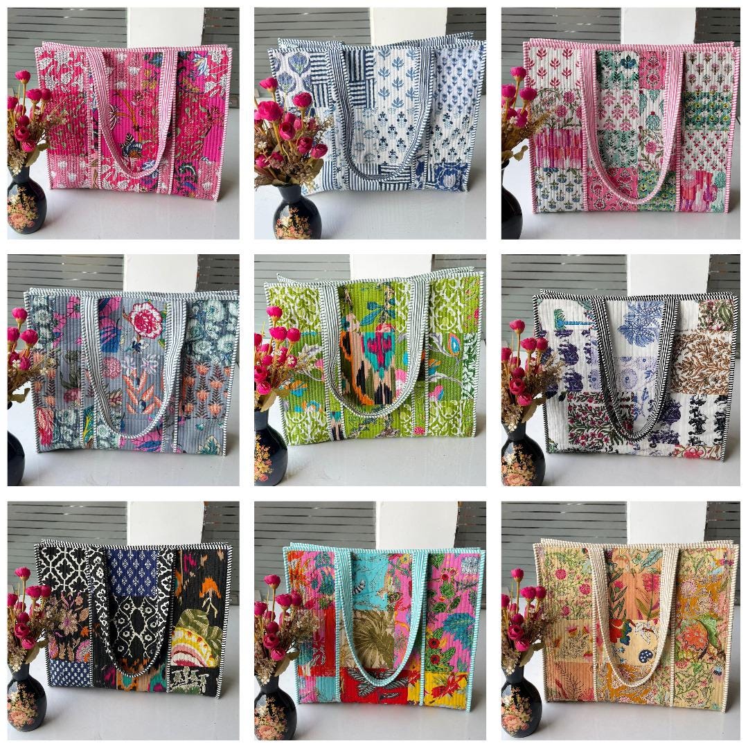 Vintage Quilted Tote Bag Multi Pattern, Handmade Cotton Patchwork Market Tote, Block Print Shoulder Bag, Aesthetic Beach Purse, Gift for Her