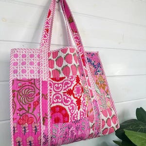Vintage Baumwolle gesteppte rosa Patches Block gedruckt Einkaufstasche für Frauen, alltägliche Einkaufstaschen, Schultertasche Geschenk für sie, große Einkaufstasche
