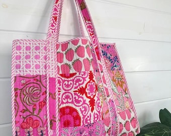 Vintage Cotton Quilted Pink Patches Block Printed Tote Bag For Women's , Everyday tote bags, Shoulder Bag Gift For Her, Large Shopping Bag