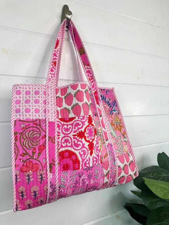 Vintage Cotton Quilted Pink Patches Block Printed Tote Bag For Women's , Everyday tote bags, Shoulder Bag Gift For Her, Large Shopping Bag