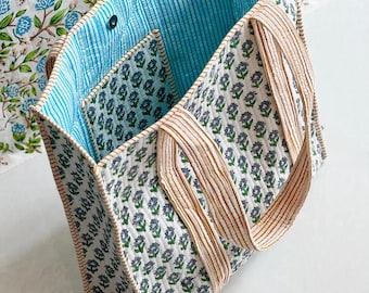 Women's Tote Bag | Boho Block Printed Cotton Quilted Tote Bag For Women's , Everyday tote bags, Shoulder Bag Gift For Her Bridesmaid Gift