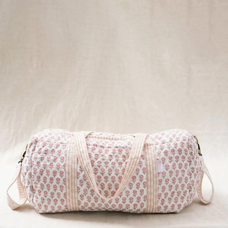 White Flower Print Quilted Large Duffel Bag