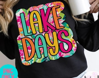 Días en el lago PNG, Diseño de sublimación de verano tropical, Camiseta retro brillante con lago PNG, Descarga digital de vida en el lago, Vacaciones coloridas PNG