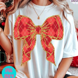 Christmas Bow PNG, Red Plaid Glitter Bow Sublimation, Holiday Shirt Design PNG, Faux Glitter Red Ribbon Clipart, Festive Sublimation File