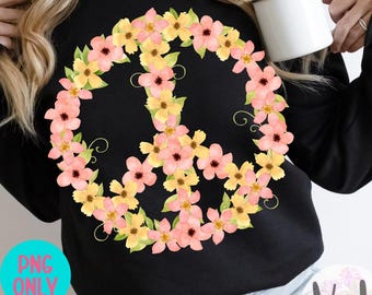 ピースサインPNG、花柄ピースシンボル昇華デザイン、ピンクイエローフラワーPNG、ヒッピーレトロシャツプリント、デジタルダウンロード