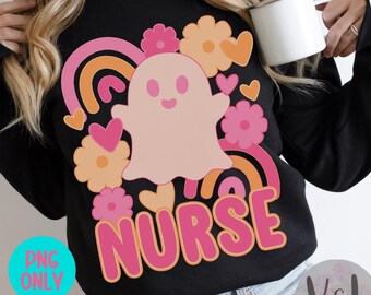 Nurse Ghost PNG, Cute Halloween Sublimation Design, Pink Ghost Nurse Shirt PNG, Pastel Spooky Season Clipart, Fall Medical Staff PNG