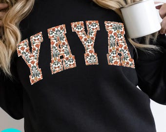 Yaya PNG Floral Letters, Retro Varsity Yaya Sublimation Design, Grandma Shirt PNG, Boho Orange Flowers PNG, Digital Download