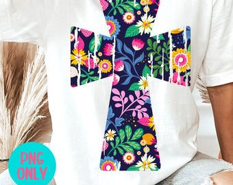 Floral Cross PNG Sublimation, Bright Christian Shirt Design, Faith Digital Download, Spring Easter Cross PNG, Colorful Religious Clipart