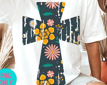 Croix florale PNG Sublimation, conception de croix chrétienne grunge, foi de printemps PNG, sublimation religieuse de Pâques, chemise chrétienne PNG