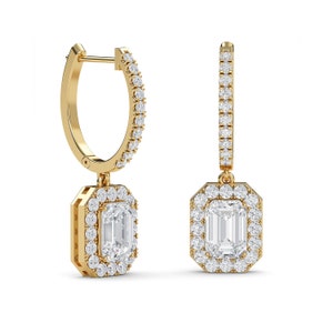 2.9 carat Halo drop earrings with Emerald cut Lab grown diamonds in 18k solid gold earrings