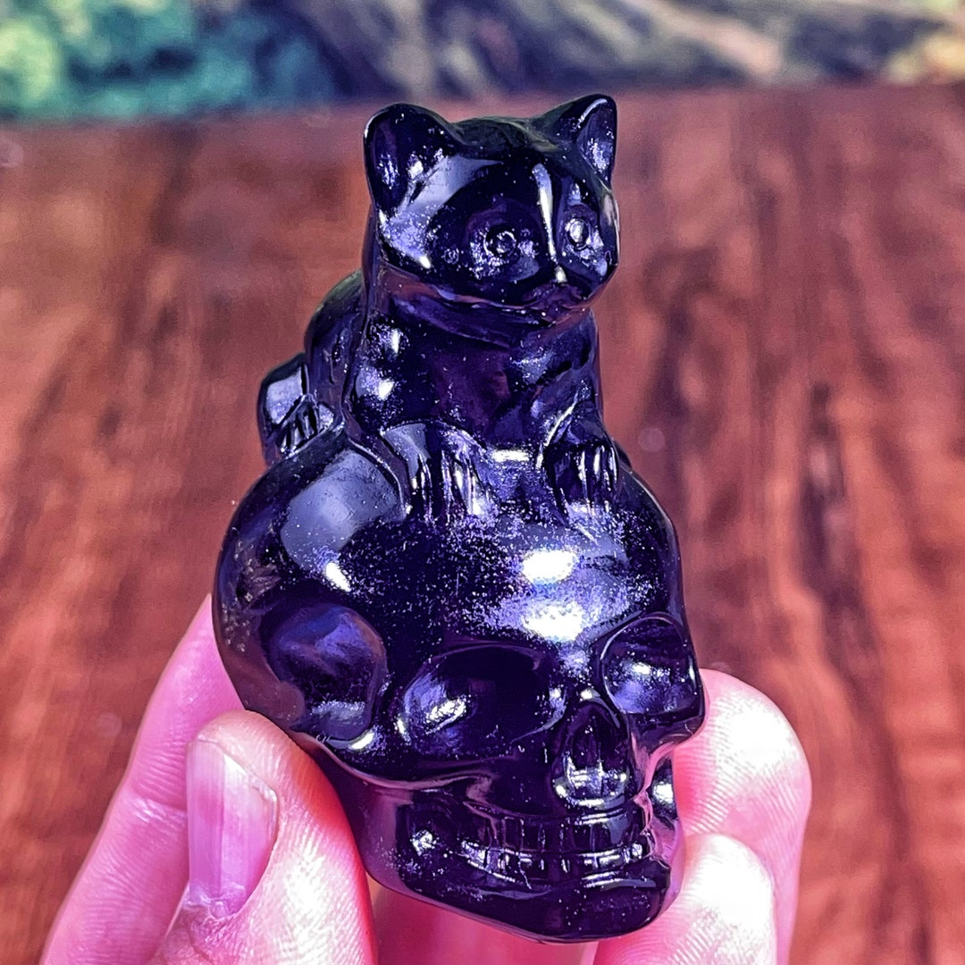 Natural Hand Carving Obsidian Skull Cat Crystal Pumpkin Owl Quartz