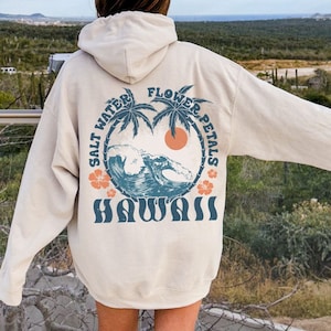 Cute Hawaii Sweatshirt For Summer Graphic Hoodies Preppy Shirt Aesthetic Palm Tree Design on Back Vacation Sweatshirt Beachy