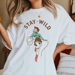 Vintage Western Cowgirl Pinup Tee Oversized Western Tshirt Dress Comfort Colors Western Graphic Tee Stay Wild Country Concert Tee
