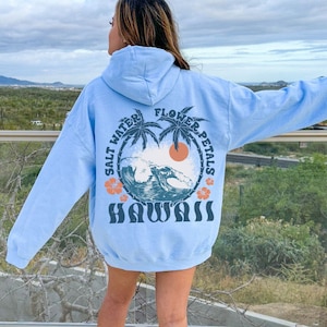 Niedliches Hawaii-Sweatshirt für Sommer-Grafik-Kapuzenpullover, Preppy-Shirt, Ästhetische Palme, Design auf Rückseite, Urlaub, Sweatshirt, Beachy