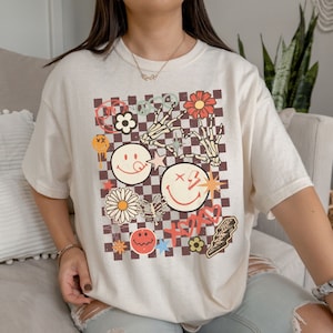 Camisa de cuadros vintage, camiseta retro, camisetas con gráficos vintage, camiseta de cuadros, camisetas con gráficos para mujer, estética, de gran tamaño, regalo, de moda