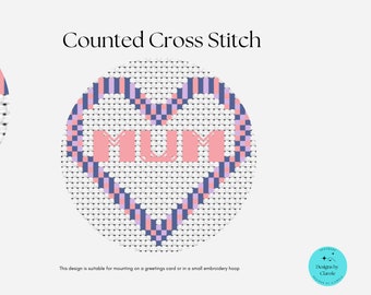 Small Heart Mum, counted cross stitch, Blue, Pink & Purple colour theme, PDF instant download pattern