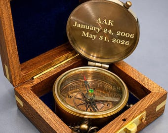 Engraved Bronze Compass with Wooden Box | Personalized compass | groomsmen gift.