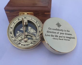 Custom Engraved Sundial Compass with Wooden Box – Personalized Brass Gift for Anniversary & Retirement.