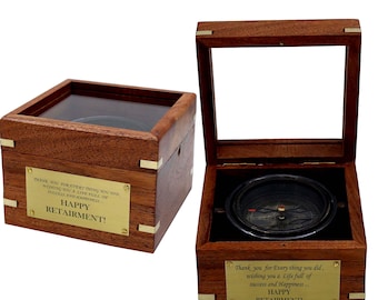 Custom Retirement Gift – Engraved compass -Lid Brass Compass with Wooden Box.