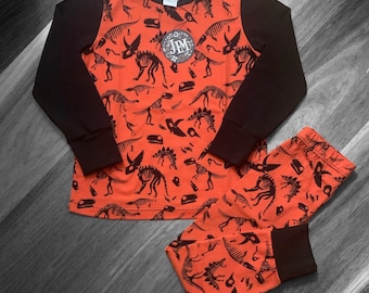 Dinosaur Skeleton short or long sleeved handmade cotton Pyjama Set - kids PJs - Sleepwear