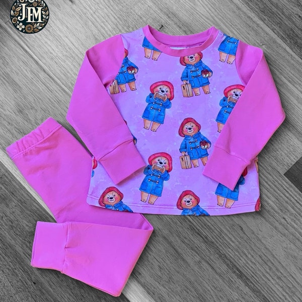 Paddington Bear Pink Short or Long sleeve handmade cotton Pyjama Set - kids pjs - sleepwear