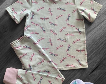 Dragonfly Wishes PJs - Handmade cotton PJs - short sleeves and long pants - kids sleepwear