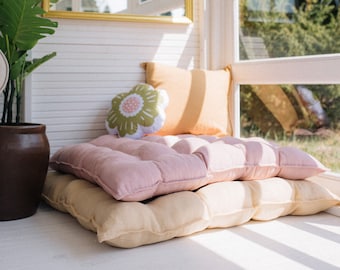 Large Floor Cushion for Reading Nooks and Low Seating, Linen Floor Pillow, Custom Bench Cushion