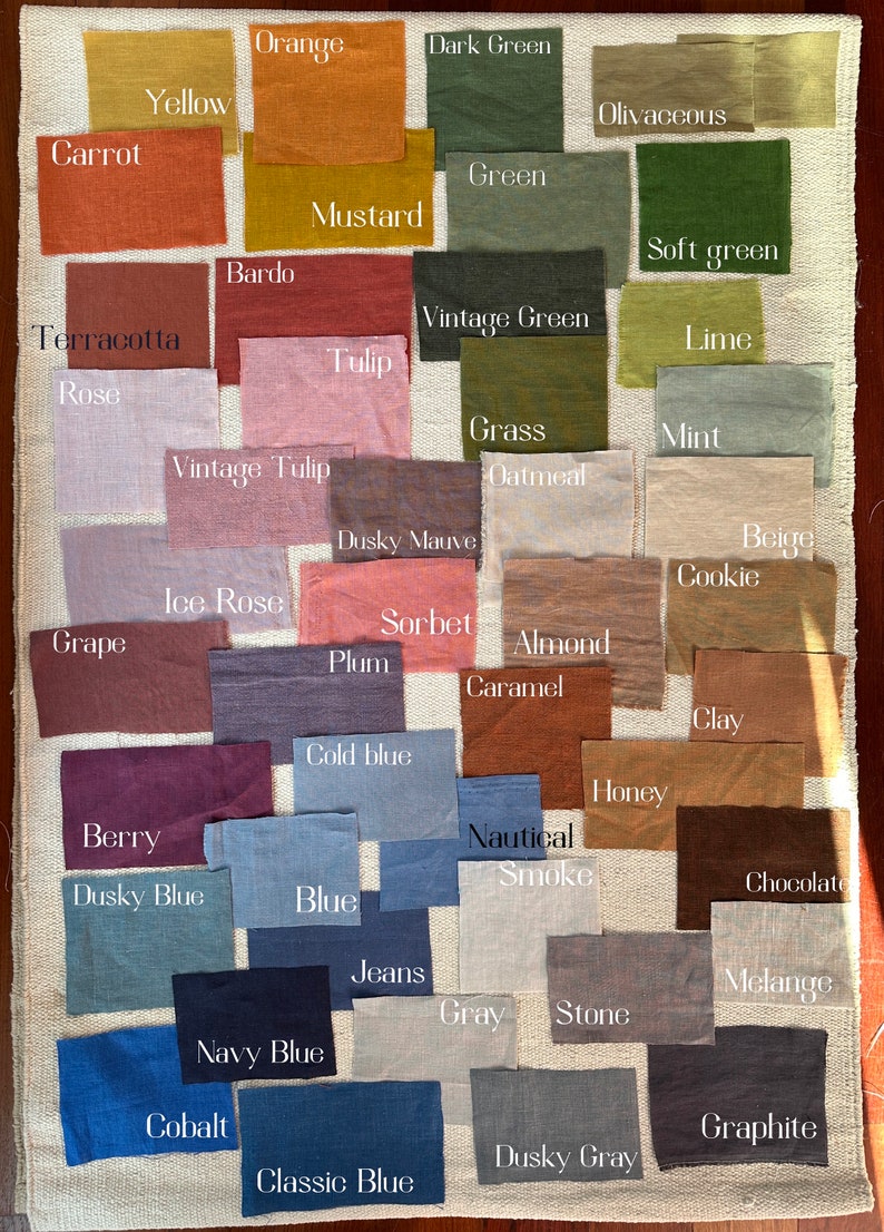 May include: A color chart of fabric swatches with names for each color, including Orange, Yellow, Carrot, Mustard, Bardo, Terracotta, Rose, Vintage Tulip, Dusky Mauve, Ice Rose, Sorbet, Grape, Plum, Cold blue, Berry, Dusky Blue, Blue, Jeans, Navy Blue, Cobalt, Classic Blue, Dark Green, Olivaceous, Green, Soft green, Vintage Green, Lime, Grass, Mint, Oatmeal, Beige, Cookie, Almond, Caramel, Clay, Honey, Nautical, Smoke, Chocolate, Melange, Gray, Stone, Graphite, Dusky Gray.