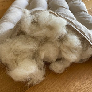 May include: A close-up of a light grey linen futon mattress with the filling spilling out. The filling is made of white fluffy fibres.