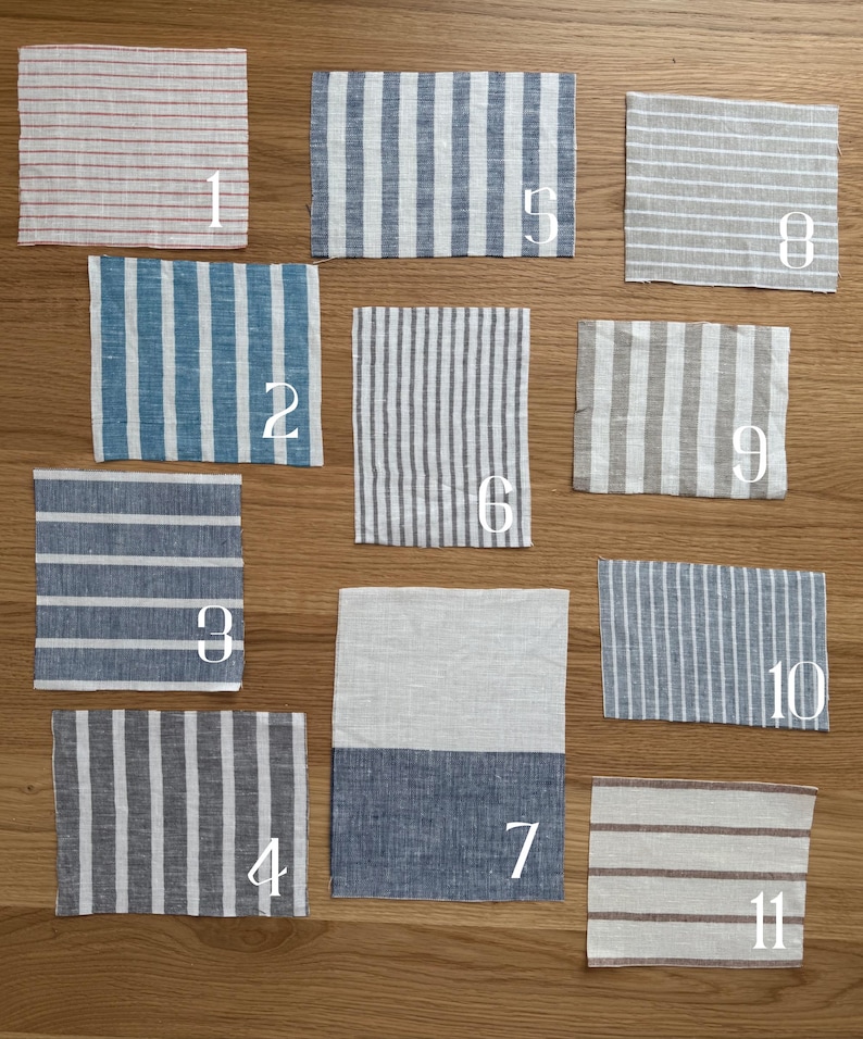 May include: Eleven fabric swatches with different striped patterns. The swatches are numbered 1 through 11. The swatches are arranged in three rows. The top row has three swatches, the middle row has three swatches, and the bottom row has five swatches.