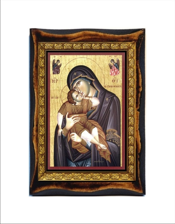 Virgin Mary Glykophilousa - Holy Card - Icon on Handmade Wooden Plaque ...
