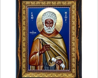 San Moisés el Negro - Estampa Sagrada - Icono en placa de madera hecha a mano, Arte Religioso Católico