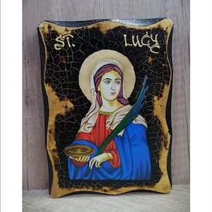Handmade Saint Lucy Wood Icon Plaque with 24K Golden Leaf