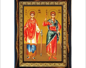 Santi Sergio e Bacco - Immagine sacra - Icona su targa di legno fatta a mano, arte religiosa ortodossa