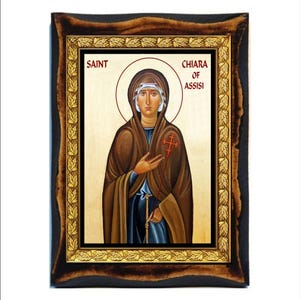Santa Chiara of Assisi - Holy Card - Icon on Handmade Wooden Plaque, Catholic Religious Art
