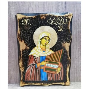 Saint Cecilia - Santa Cecilia - Cécile de Rome - Cecilia de Roma Handmade Wood Icon on plaque with physical aging and Golden Leaf 24K