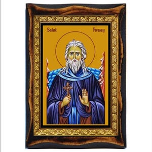Saint Fursey-San Furseo-Fursy de Péronne-Fursa-Fursus-Furseus-Święty Furzeusz-Fursa-handgemaakt hout, heilige kaart op plaquette