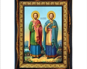 Saints Cosmas and Damian - Holy Card - Icon on Handmade Wooden Plaque, Orthodox Religious Art