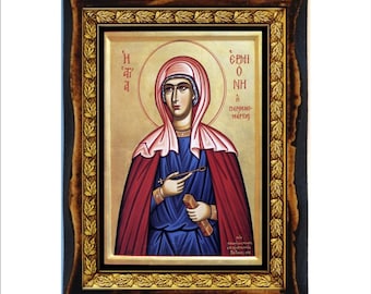 Saint Ermioni - Holy Card - Icon on Handmade Wooden Plaque, Orthodox Religious Art