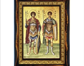 Saints Demetrios and George - Holy Card - Icon on Handmade Wooden Plaque, Orthodox Religious Art