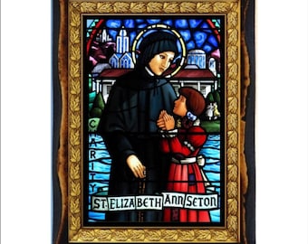 Elizabeth Ann Seton - Icon on Handmade wooden plaque, Catholic Religious Art