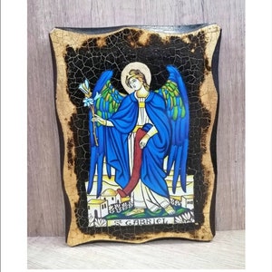 Gabriel Angel -Archangel Gabriel -Saint Archangel Gabriel -San Gabriele Handmade Wood Icon on plaque with physical aging and Golden Leaf 24K