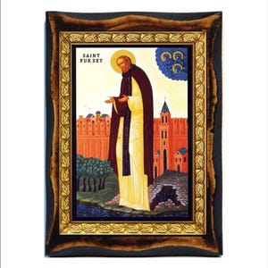 Saint Fursey-San Furseo-Fursy de Péronne-Fursa-Fursus-Furseus-Święty Furzeusz-Fursa-handgemaakt hout, heilige kaart op plaquette