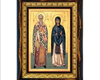 Saints Cyprian and Justina - Holy Card - Icon on Handmade Wooden Plaque, Orthodox Religious Art