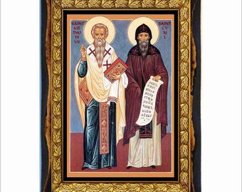Saints Cyril and Methodius - Holy Card - Icon on Handmade Wooden Plaque, Orthodox Religious Art