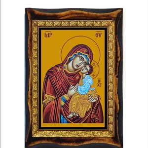 Virgen María del Dulce Beso - Glykofilousa - Virgen María del Dulce Beso -Vergine Maria del dolce bacio Madera hecha a mano, Estampa en placa