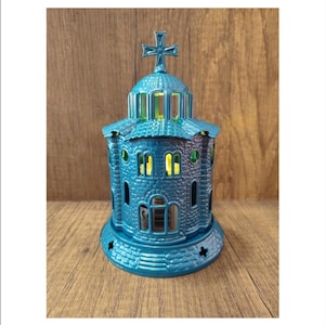 Blue Standing Church Oil Lamp - Table Oil Lamp - Oil Vigil Lamp Brass - Oil Candle with Glass Cup Home Decor - Oil Candle Church -Blue color